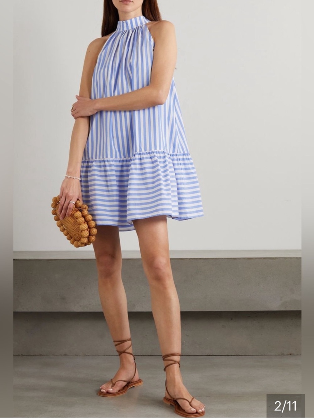 NWT Staud Marlowe Halter bow MINI cotton dress sea stripe white blue size S - Picture 4 of 12